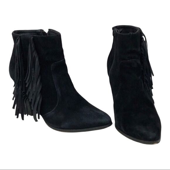 Express Suede Booties Black Fringe Ankle Boho Boots Size 8M - Picture 1 of 7